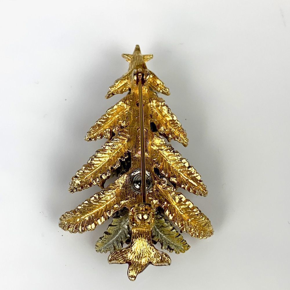 ART GILT Vintage Gold Christmas Tree Brooch Pin Enamel Rhinestones Star - Picture 6 of 8